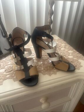 Women's Strappy Colorblock High Heel Sandals - Black, White & Tan